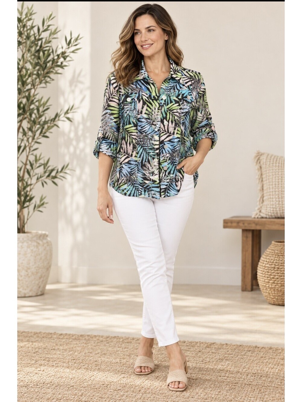 Ruby Rd women size 12 tropical palm print roll tab sleeve button front blouse